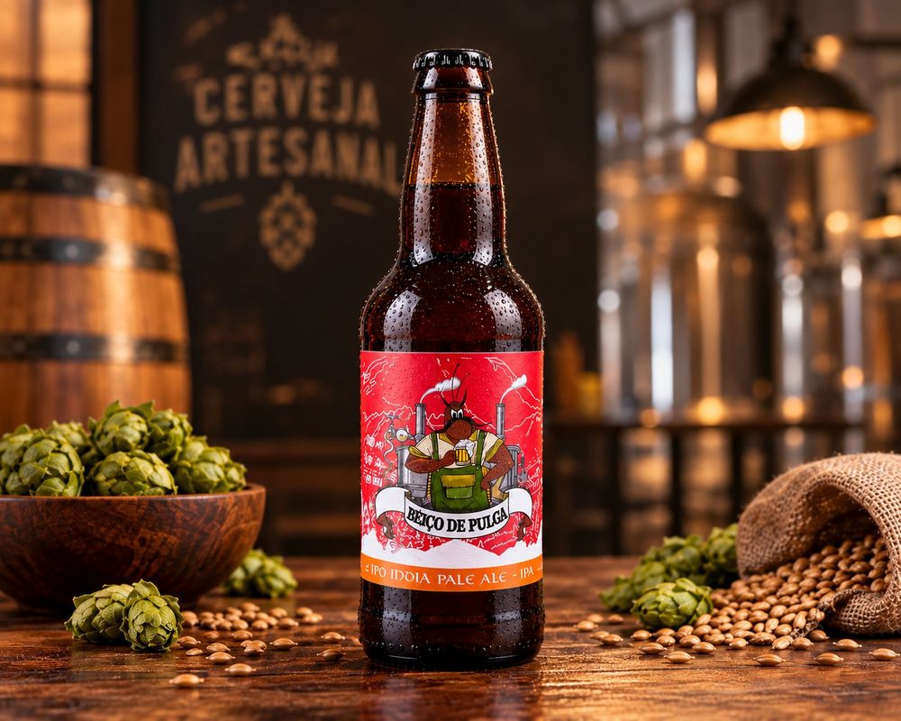 Garrafa da Beiço de Pulga IPA em destaque na cervejaria, cercada por lúpulo e malte